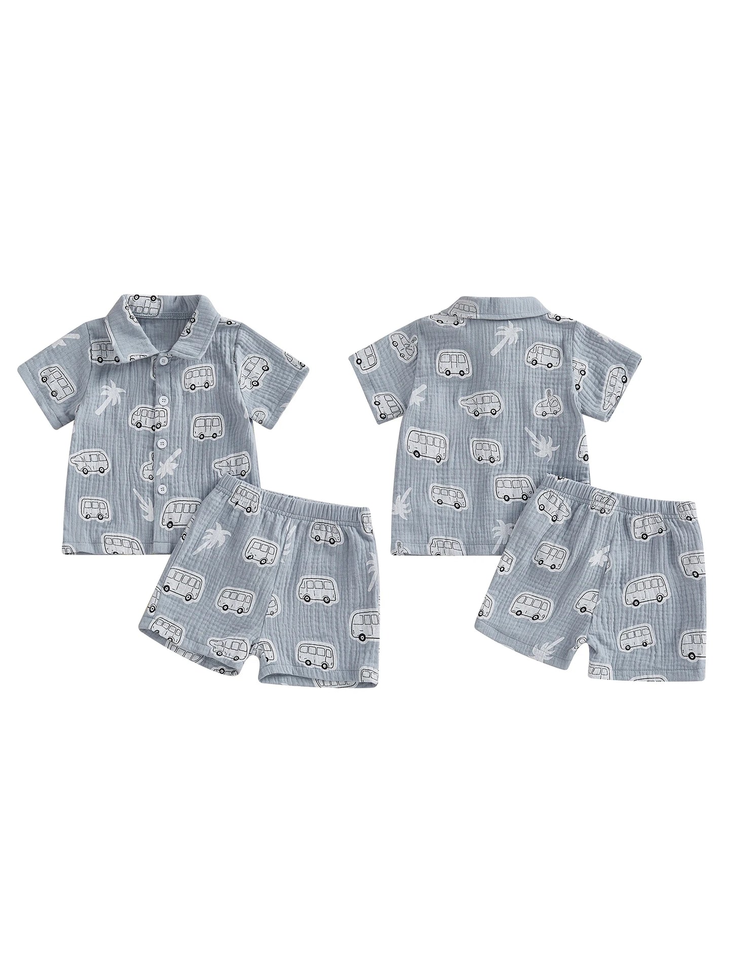 Baby Toddler Boys 2Pcs Set Dinosaur Bus Lobster Print Short Sleeve Button Up Shirt with Elastic Waist Shorts Set Summer Outfit