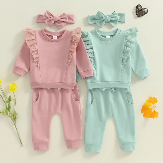 Baby Toddler Girls 3Pcs Fall Outfit Long Sleeve Lace Patchwork Pullover Top + Pants Headband Set