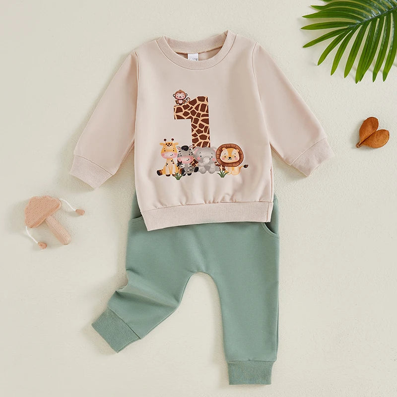 Baby Boys Girls 2Pcs First Birthday 1 One Outfit Animal Print Number Long Sleeve Top Elastic Waist Pants Set for Fall