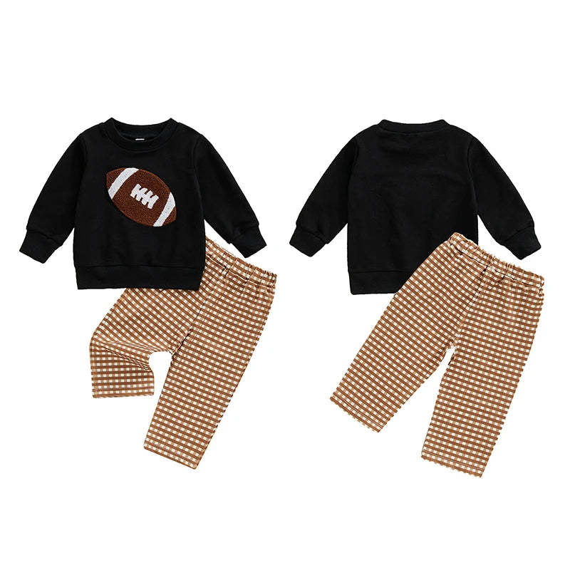 Baby Toddler Boys 2Pcs Fall Set Football Embroidered Long Sleeve Round Neck Top With Plaid Long Pants Outfit