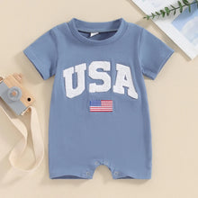 Load image into Gallery viewer, Baby Girls Boys 4th of July USA Romper Fuzzy Letter Flag Embroidery Crew Neck Short Sleeve Jumpsuits
