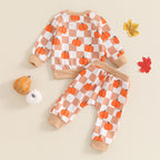 Baby Toddler Boys Girls 2Pcs Halloween Thanksgiving Outfit Checkered Pumpkin Print Long Sleeve Top and Long Pants Set