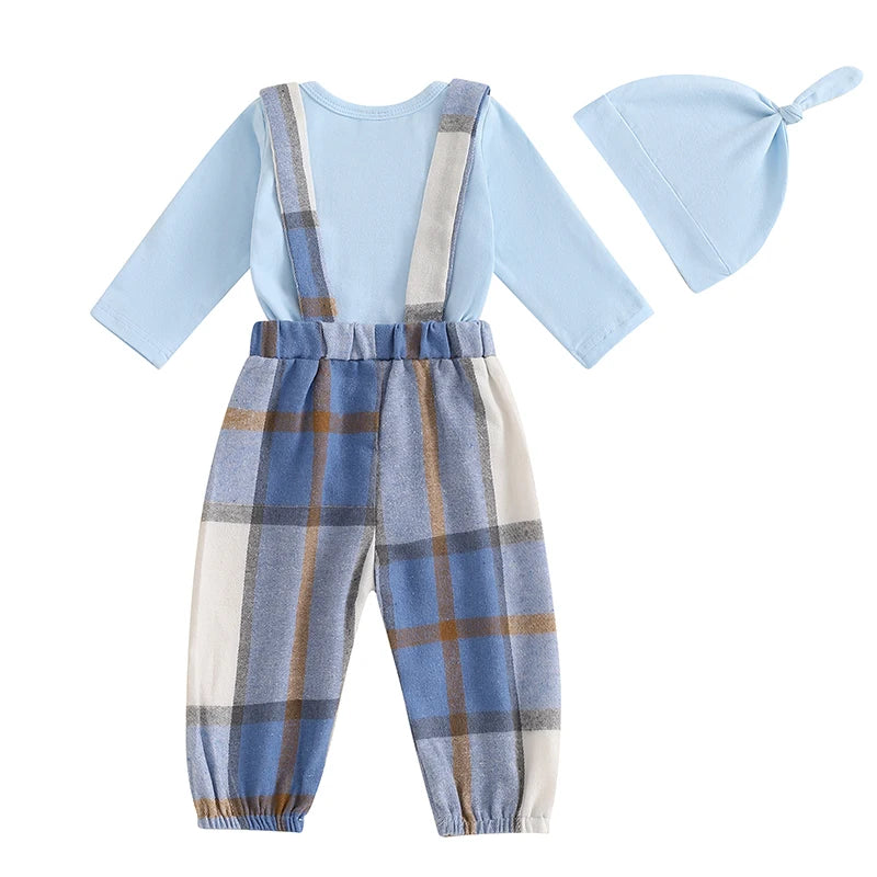 Baby Boys 3Pcs Dad's Little Dude Outfit Letter Print Long Sleeve Romper Plaid Suspender Pants Hat Set for Fall