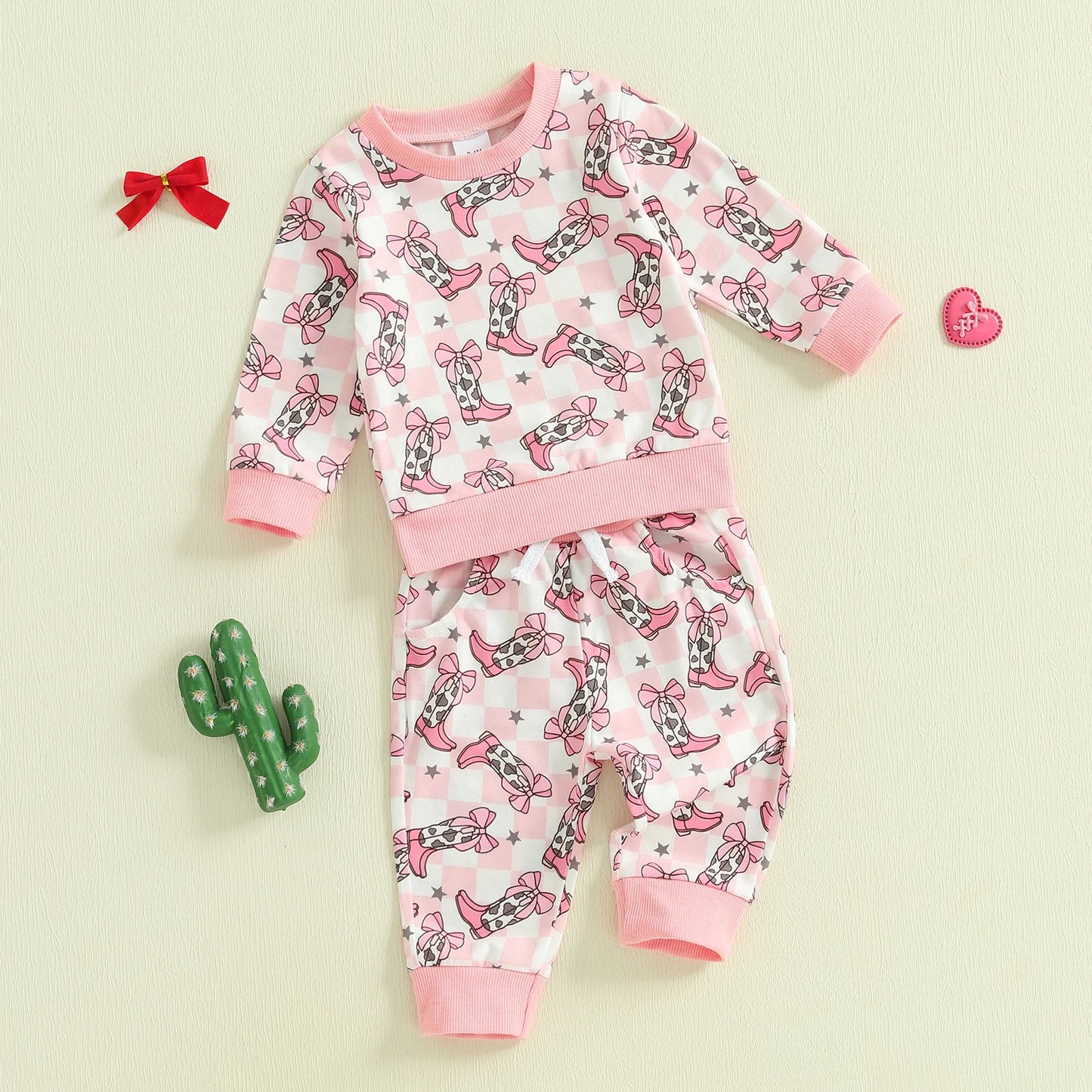 Baby Toddler Girls 2Pcs Western Outfit Boot Plaid Print Long Sleeve Top and Elastic Pants Jogger Set