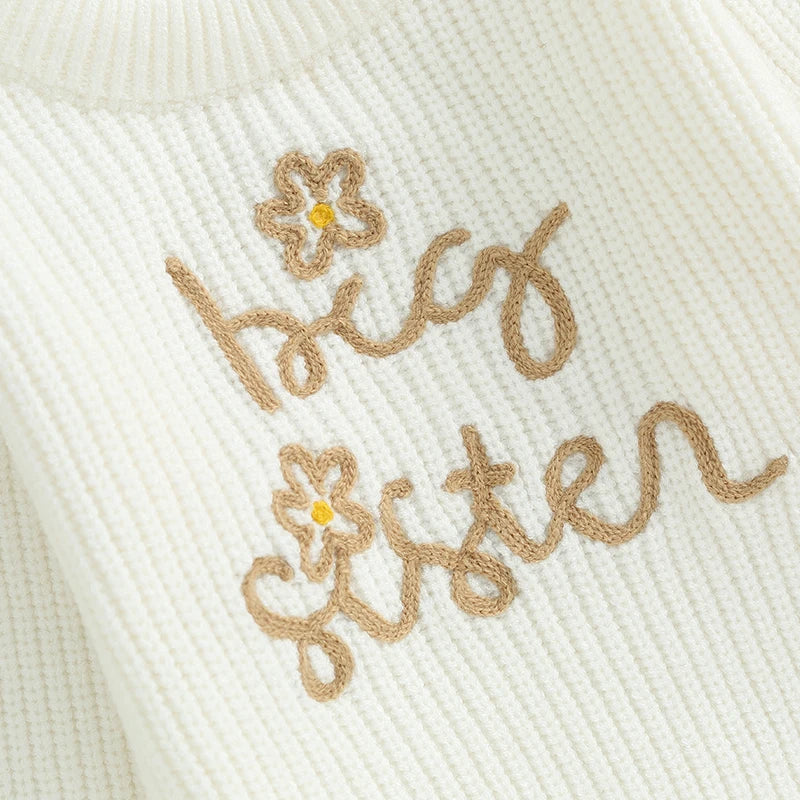 Baby Toddler Kids Girls Sweaters Lil Sister Letter Flower Embroidery Knitted Loose Long Sleeve Top