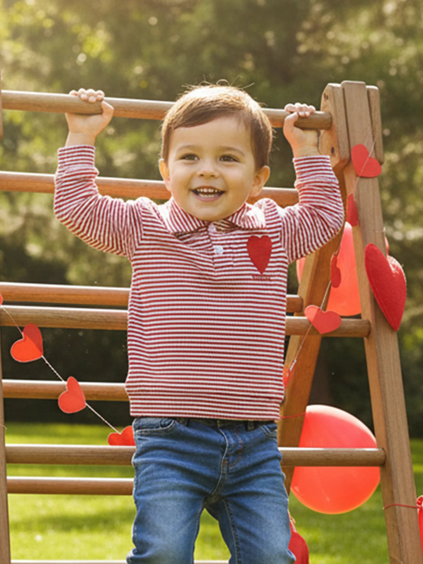 Baby Toddler Valentine's Day Long Sleeve Turn-down Collar Striped Embroidery Heart Top