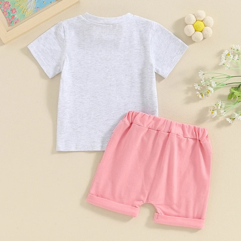 Baby Toddler Girls 2Pcs In My Auntie's Bestie Era Short Sleeve Letters Flowers Print Top Drawstring Shorts Set Outfit