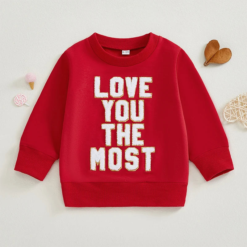 Baby Toddler Girls Boys Love You The Most Valentine's Day Letter Embroidery Long Sleeve Pullover Casual Top Valentines