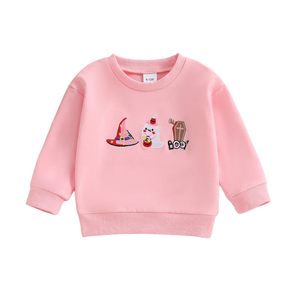 Baby Toddler Boys Girls Long Sleeve Pumpkin/Ghost/Christmas Tree Embroidery Crew Neck Top