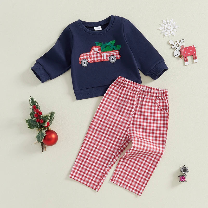 Baby Toddler Boys 2Pcs Christmas Outfit Santa/Truck Embroidery Long Sleeve Top and Plaid Long Pants Set