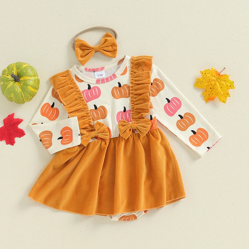 Baby Girls 2Pcs Halloween Romper Dress Overalls Skirt Long Sleeve O Neck Pumpkin Print Romper with Headband Set