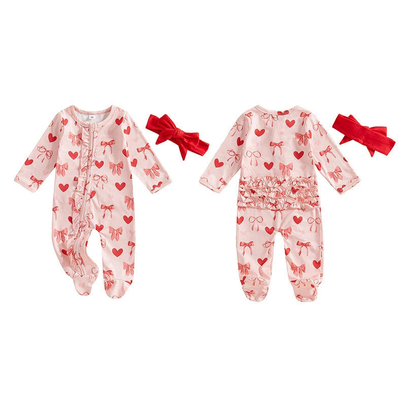 Baby Girls 2Pcs Valentine’s Day Outfit Long Sleeve Heart Bow Print Ruffle Jumpsuit Zipper Romper with Headband Set Valentines