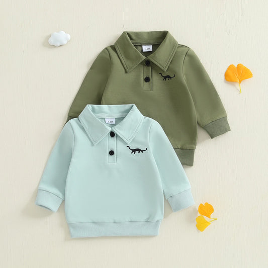 Baby Toddler Boys Long Sleeve Lapel Collar Dinosaur Print Pullover Fall Top