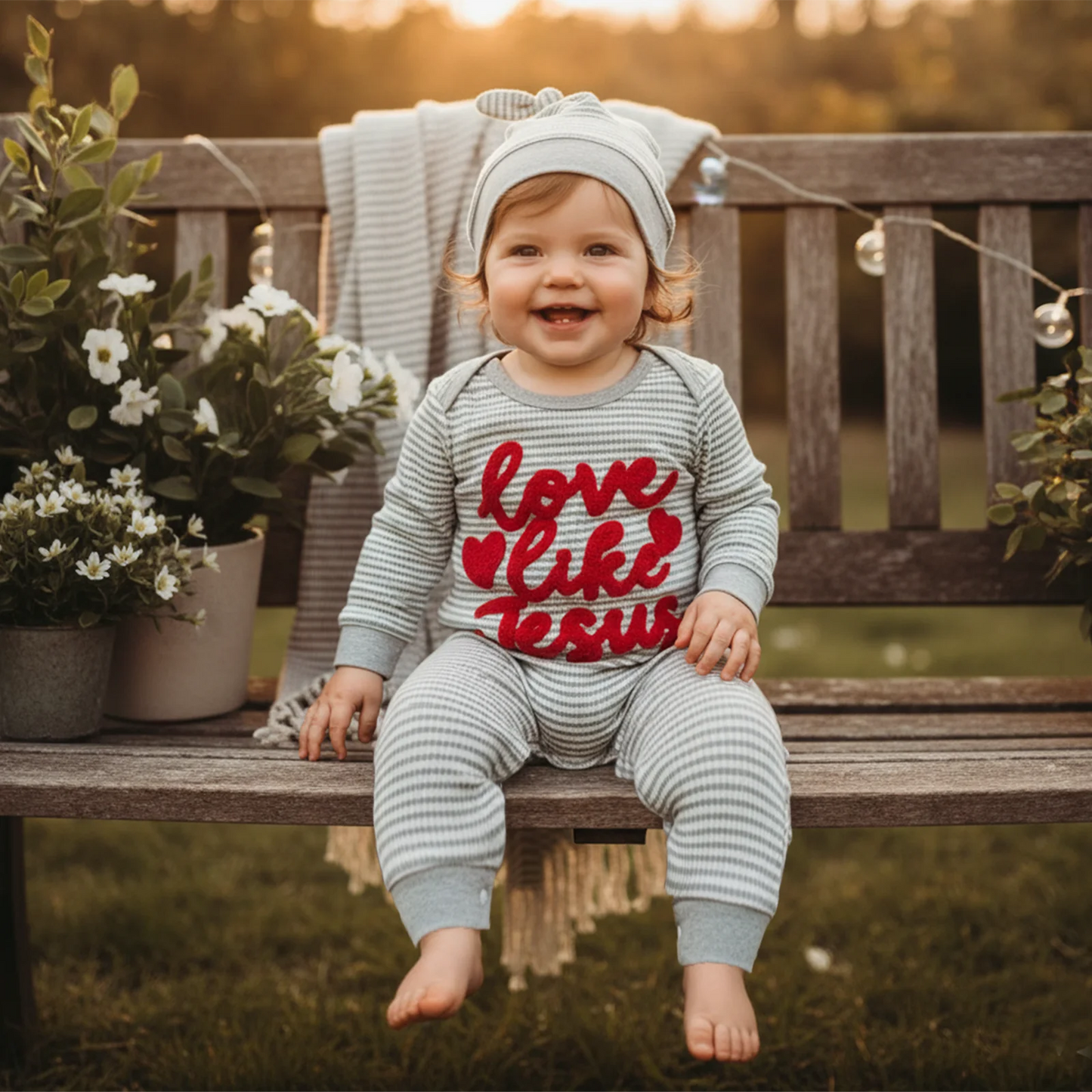 Baby Boys Girls 2Pcs Valentine's Day Romper Love Like Jesus Striped Heart Letter Embroidered Long Sleeve Jumpsuit Knotted Hat Set