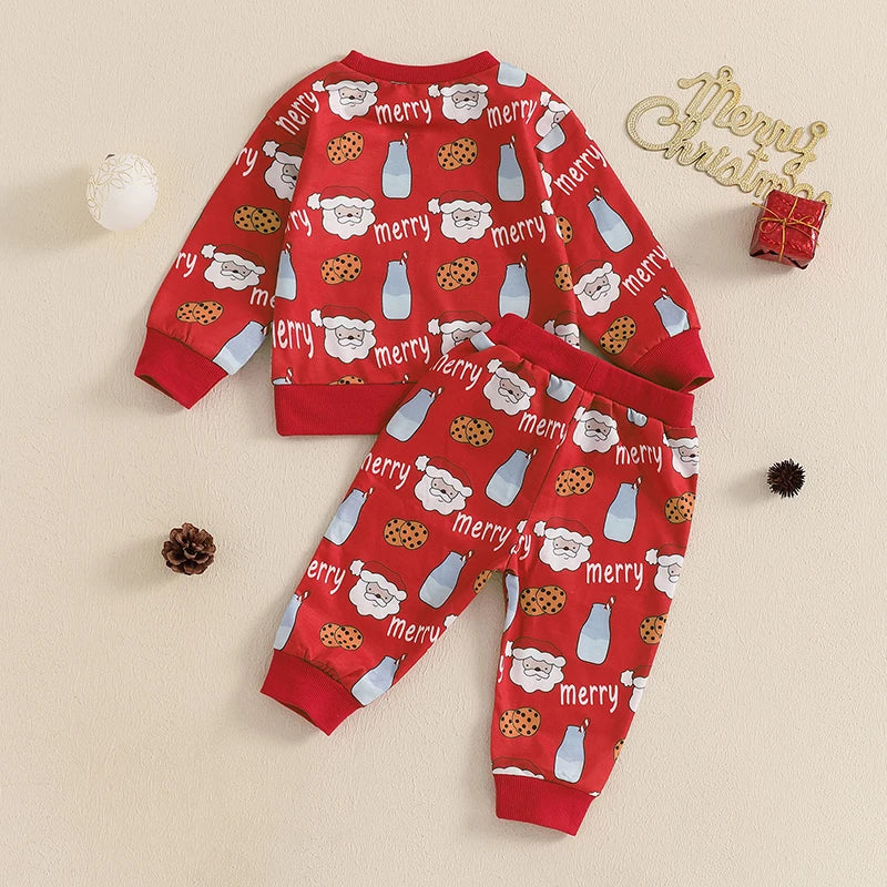 Baby Toddler Boys Girls 2Pcs Christmas Jogger Set Long Sleeve Round Neck Milk Cookies Merry Santa Claus Print Top Pants Outfit