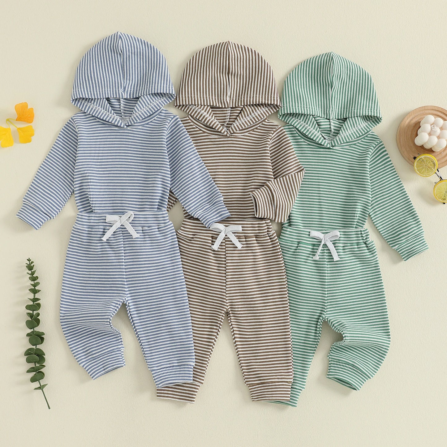 Baby Toddler Boys 2Pcs Striped Sets Fashionable Long Sleeve Hooded Romper with Jogger Pants 2Pcs Outfits