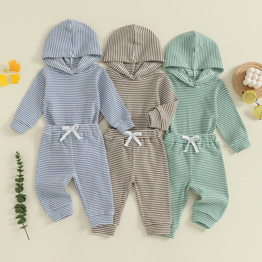 Baby Toddler Boys 2Pcs Striped Sets Fashionable Long Sleeve Hooded Romper with Jogger Pants 2Pcs Outfits