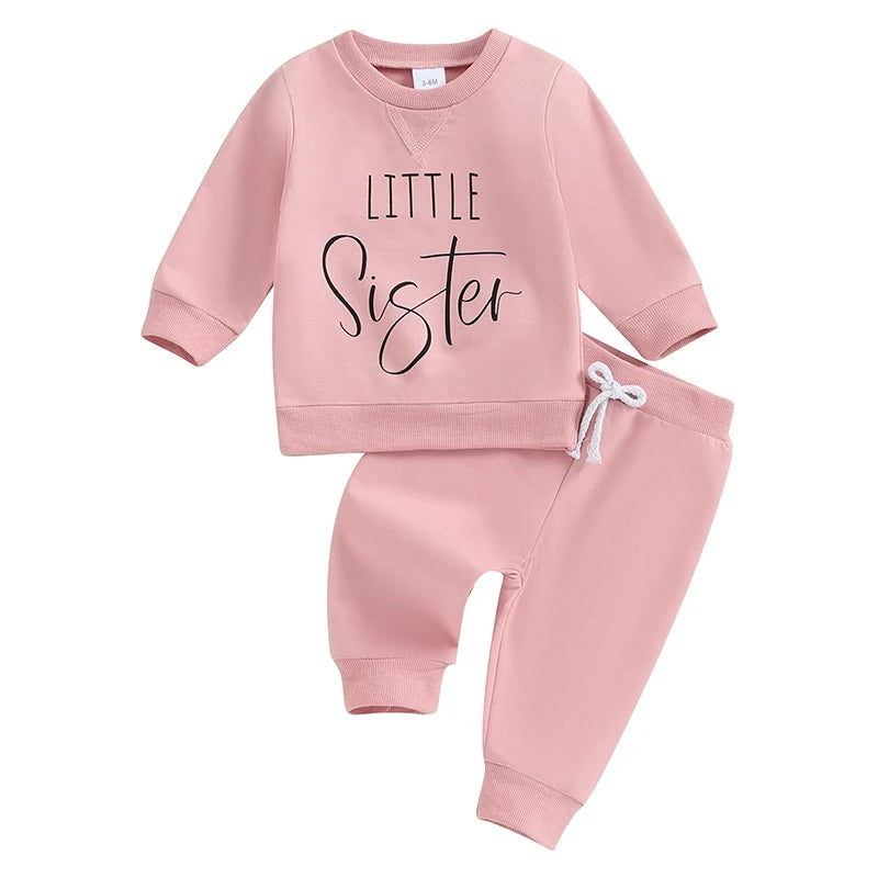 Baby Toddler Girls 2Pcs Little Sister Outfits Solid Color Long Sleeve Top Jogger Pants Set