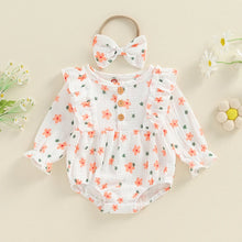 Load image into Gallery viewer, Baby Girl 2Pcs Outfit, Long Sleeve Crew Neck Floral Flowers Romper with Hairband Bow Set
