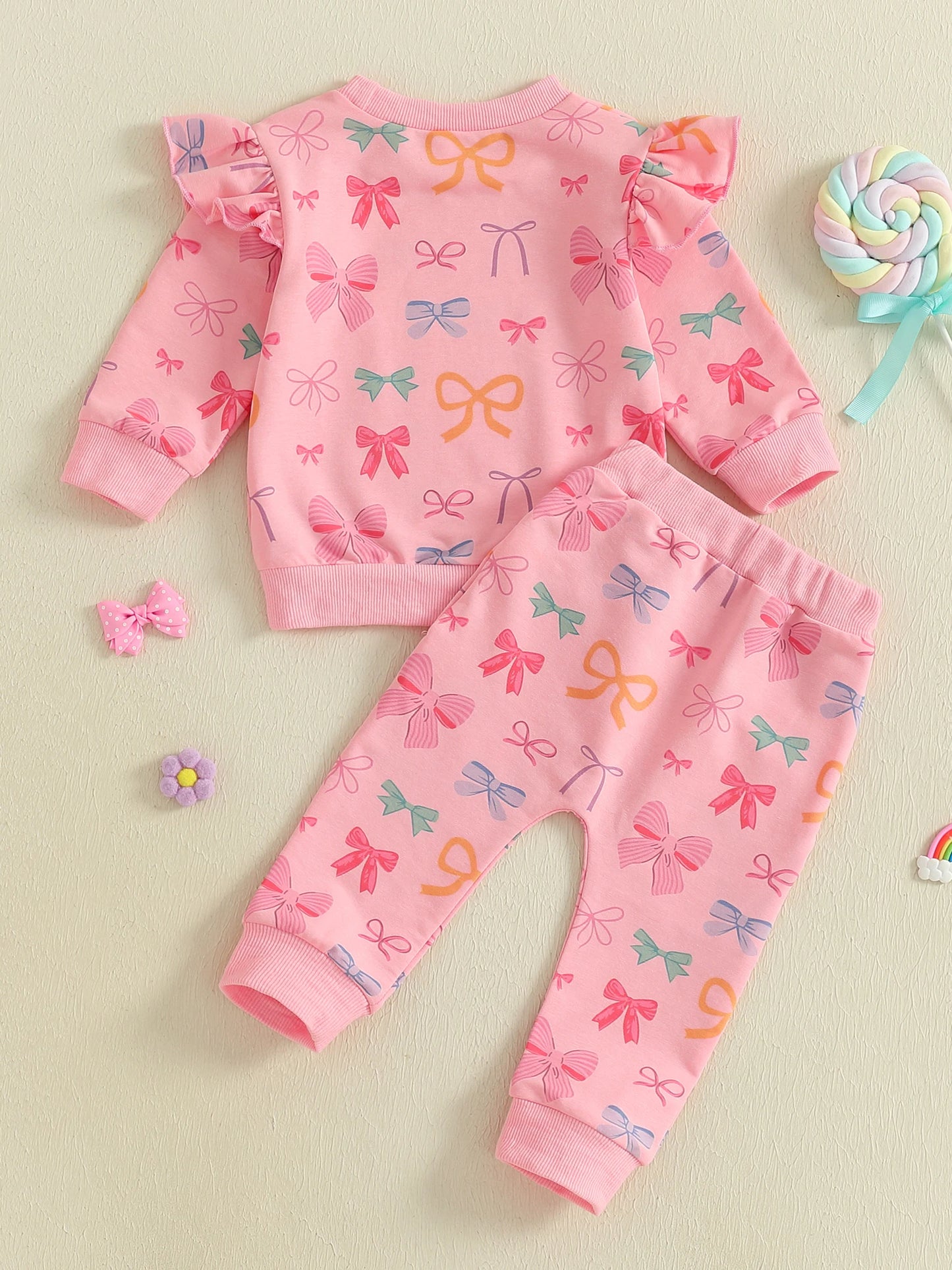 Baby Toddler Girls 2Pcs Fall Outfits Bow Print Ruffled Long Sleeve Top and Elastic Pants Jogger Set