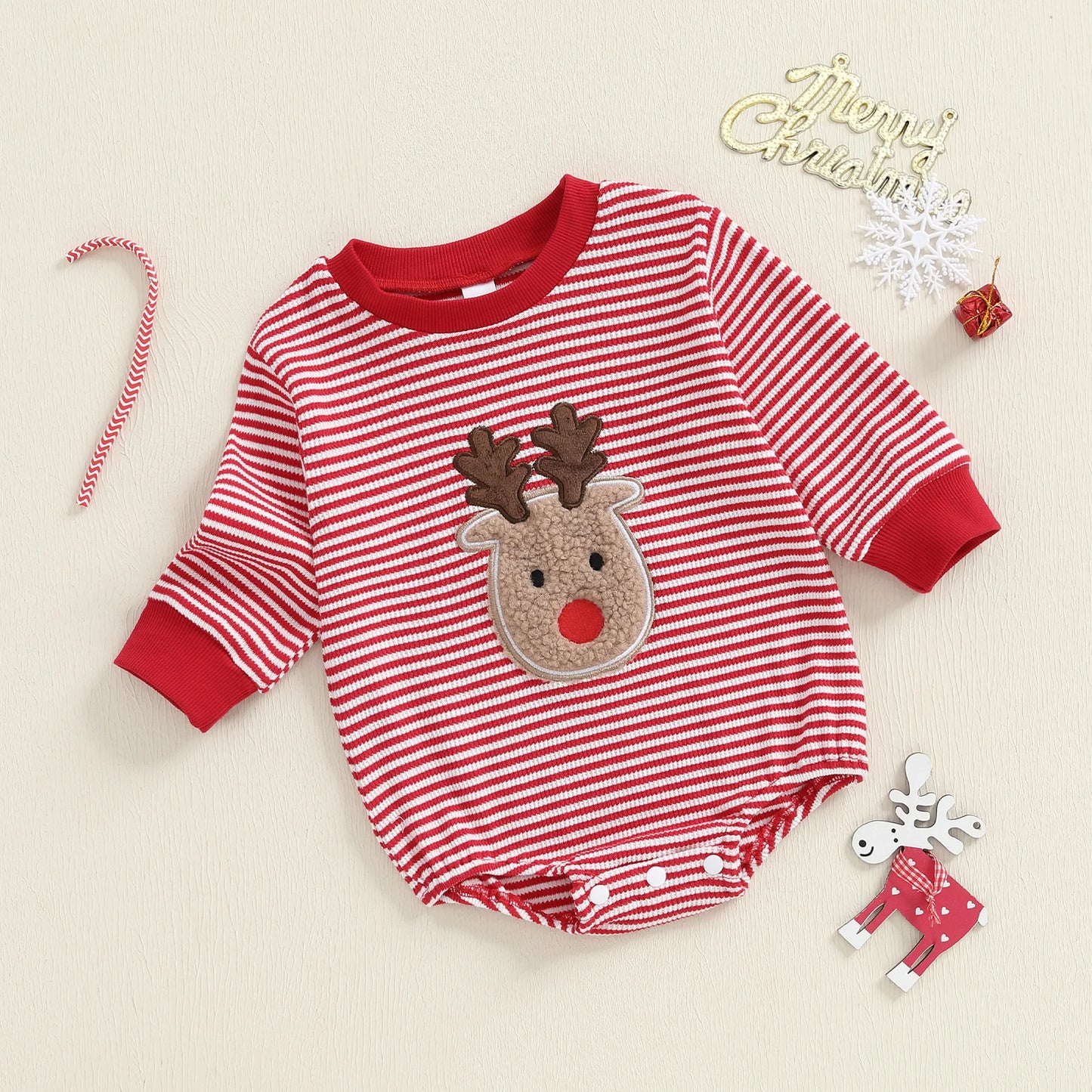 Baby Boys Girls Striped Romper Fashionable Christmas Reindeer Embroidery Round Neck Long Sleeve Jumpsuit