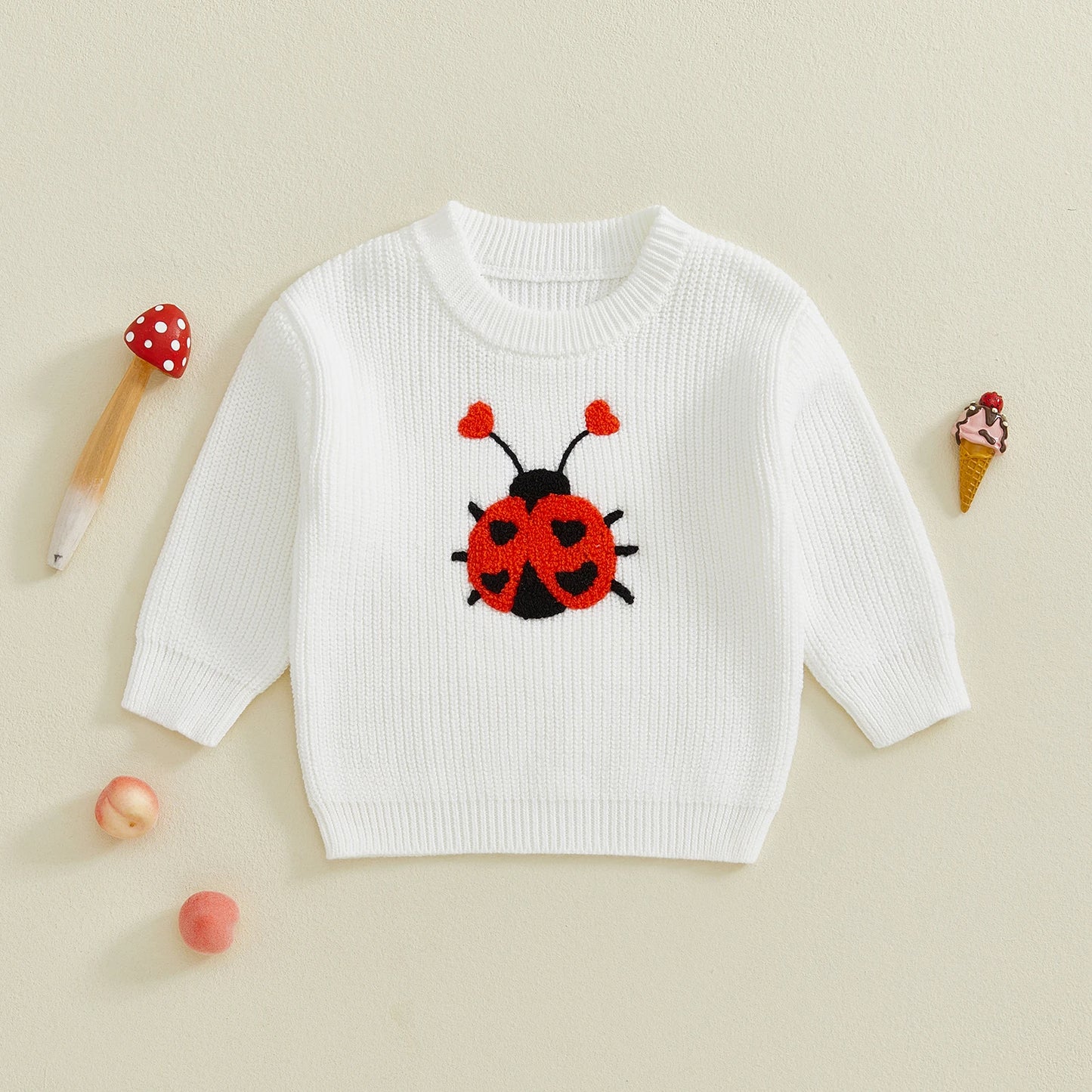 Baby Toddler Girls Autumn Knit Sweater Long Sleeve O Neck Ladybug Embroidery Pullover Knitwear Top