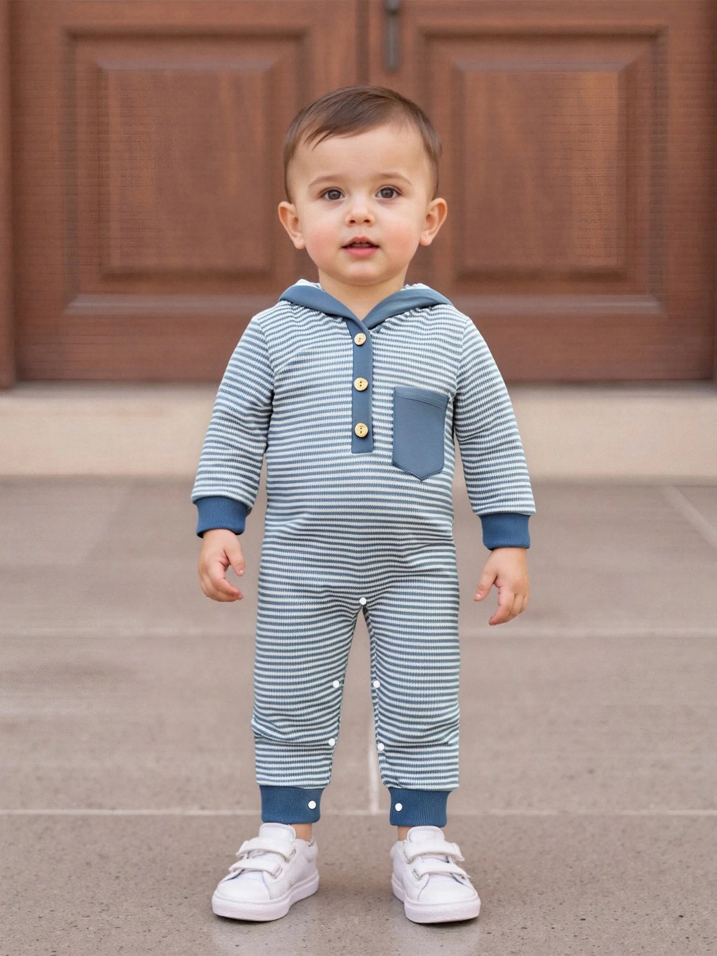 Baby Boy Striped Fall Romper Half Button-up Long Sleeve Hooded Jumpsuit Cute Waffle Clothes