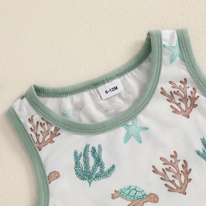 Baby Toddler Boys 2Pcs Summer Clothes Sleeveless Pattern Sea Turtles Palm Tree Waves Print Tank Top Solid Shorts Set Beach Outfit