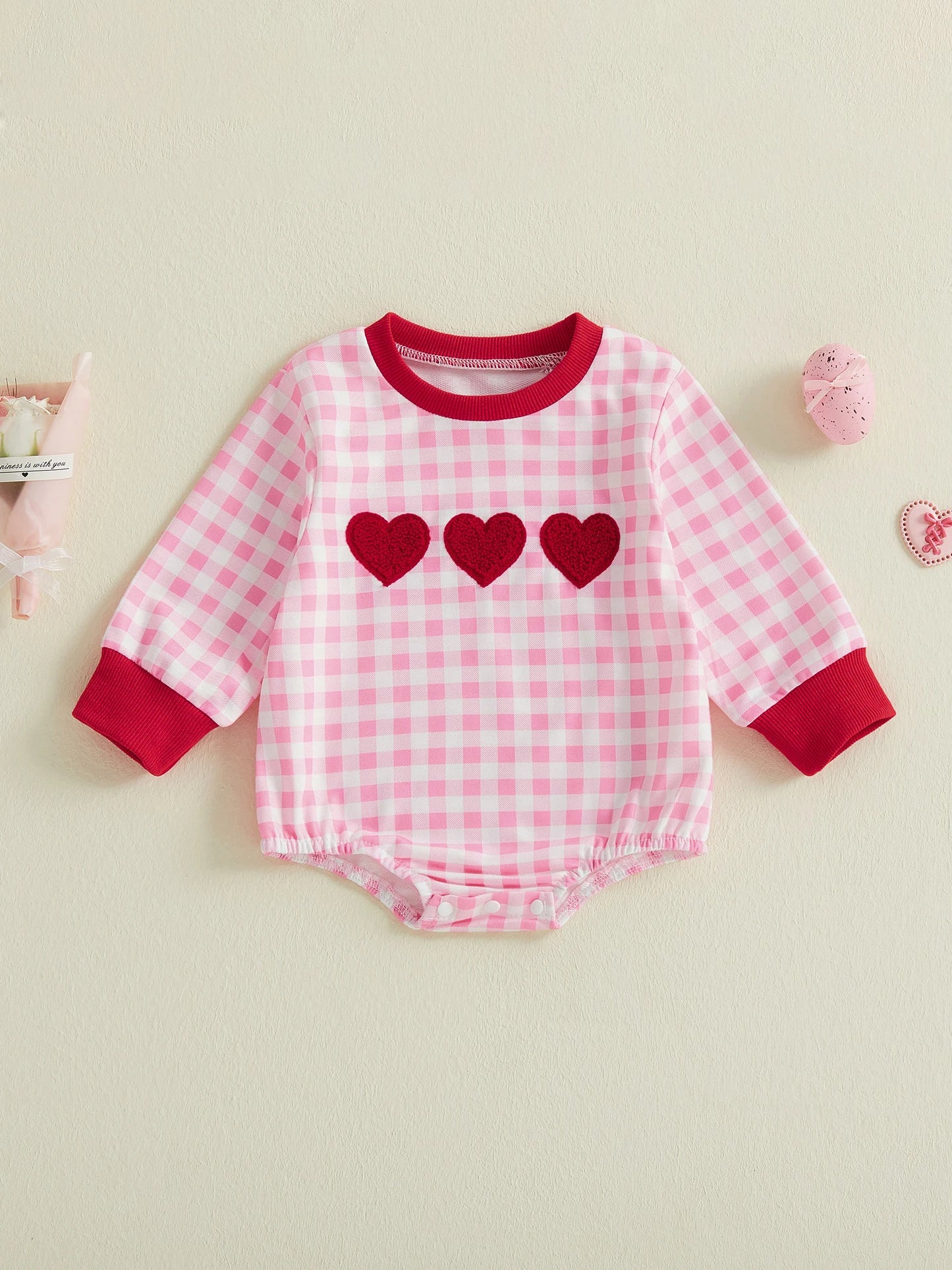 Baby Girls Romper Long Sleeve Crew Neck Plaid Embroidery Heart Bodysuit Valentine's Day Clothes