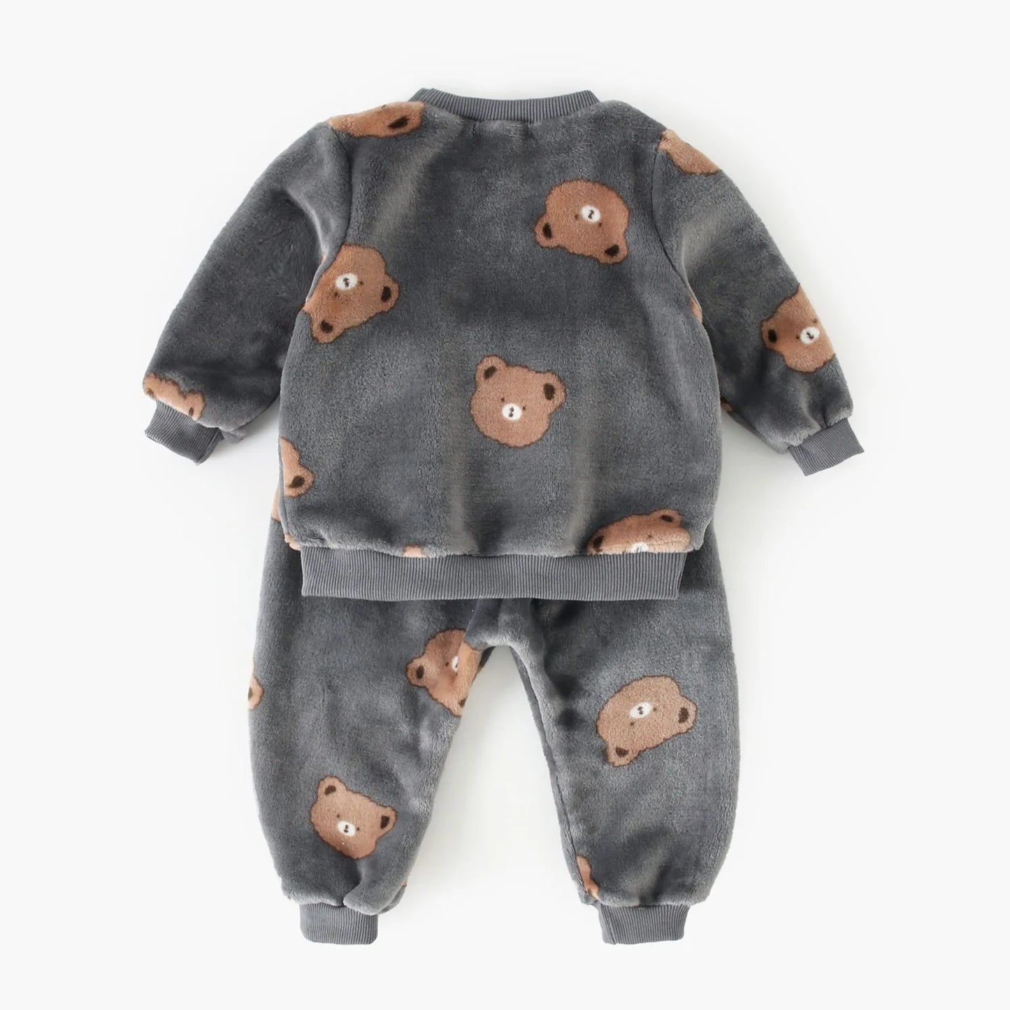 Baby Toddler Boy Girl 2Pcs Winter Clothes Set Thick Warm Pullover Top Pant Suit Bear Print Fleece Two Piece Jogger Set Outfit
