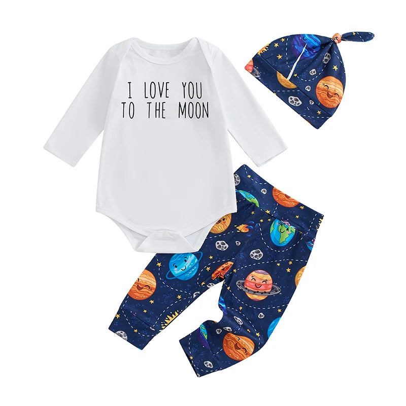 Baby Boys Girls 3Pcs Outfit I Love You To The Moon Long Sleeve Letter Print Romper Planets Print Pants Hat Set