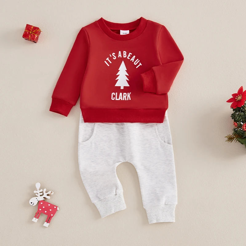 Baby Girl Boys 2Pcs Christmas Outfit It's A Beaut Clark Letter Tree Print Pullover Top Elastic Waist Pants Jogger Set