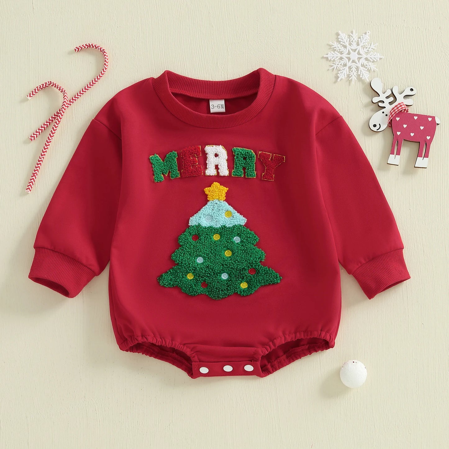 Baby Girl Boy Merry Romper Long Sleeve Round Neck Letter Christmas Tree Embroidery Bubble Jumpsuit