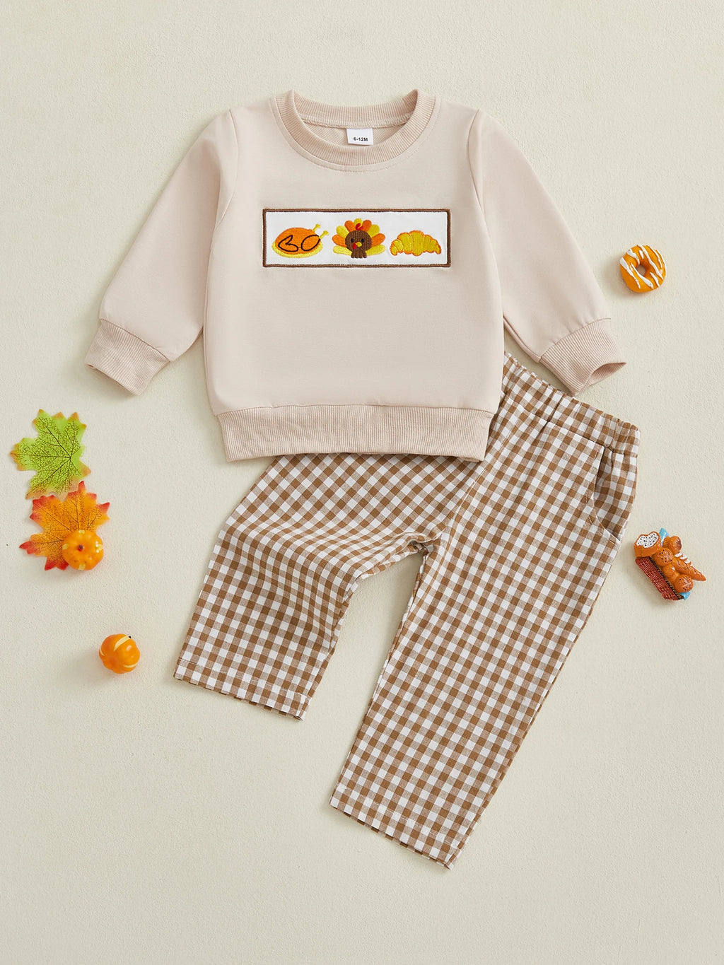 Baby Toddler Boys Girls 2Pcs Thanksgiving Outfit Pumpkin Turkey Pie Long Sleeve Crewneck Top Plaid Elastic Waist Pants Set