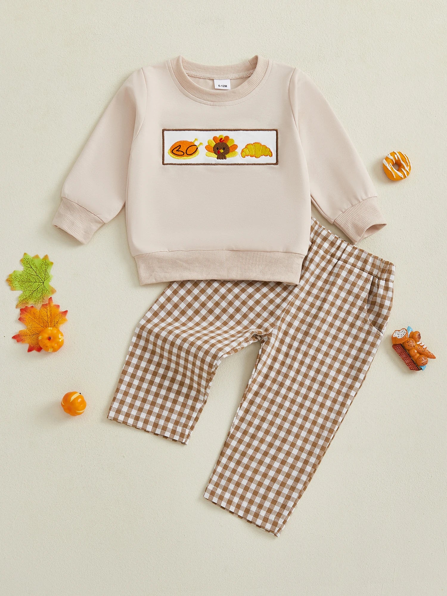 Baby Toddler Boys Girls 2Pcs Thanksgiving Outfit Pumpkin Turkey Pie Long Sleeve Crewneck Top Plaid Elastic Waist Pants Set