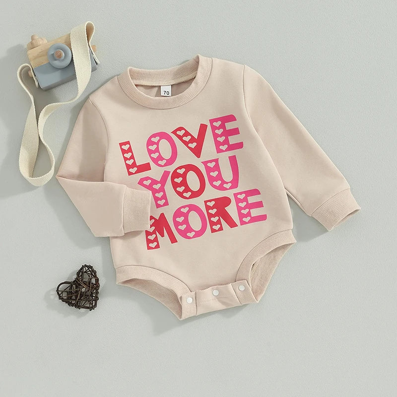 Baby Toddler Girls Valentine's Day Jumpsuit Letter LOVE YOU MORE Heart Print O-Neck Long Sleeve Bubble Romper