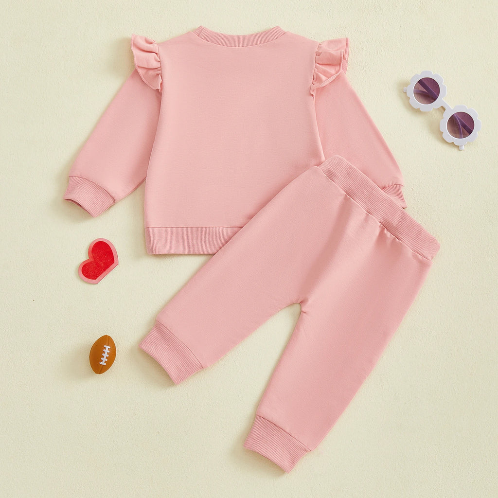 Baby Toddler Girls 2Pcs Fall Outfit Huddle & Cuddles Long Sleeve Bow Football Print Top + Pants Jogger Set Clothes
