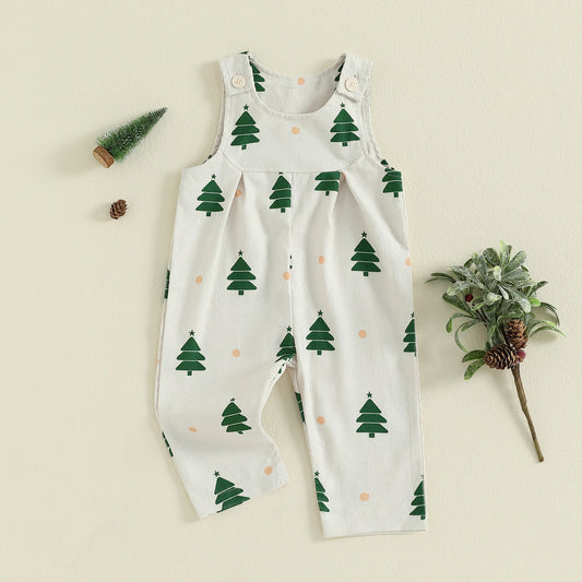 Baby Toddler Girls Boys Christmas Overalls Romper Christmas Tree Print Sleeveless Jumpsuit Suspender Pants