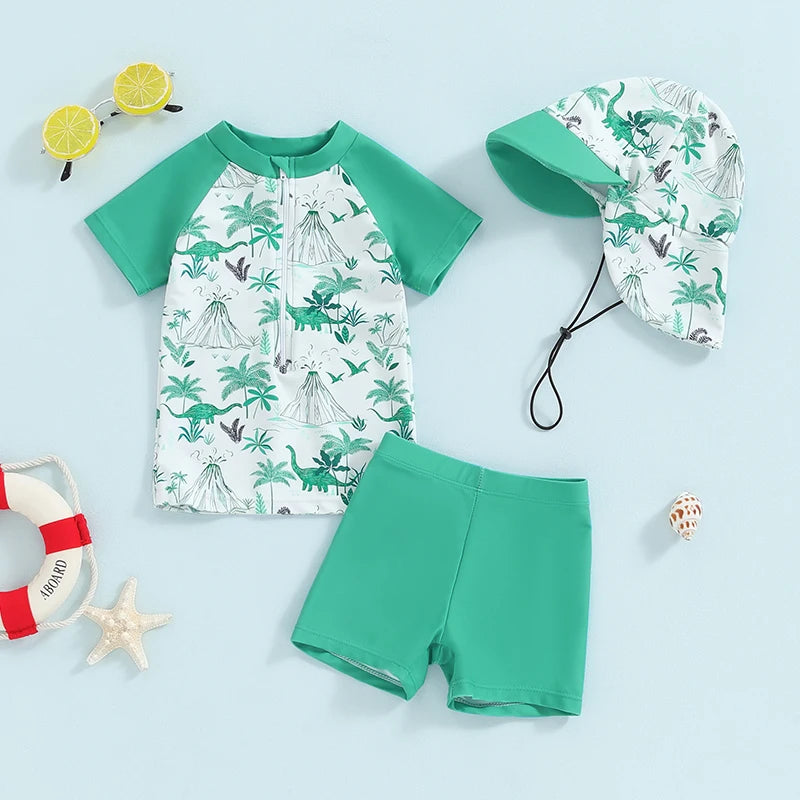 Baby Toddler Boys 3Pcs Swimsuit Palm Tree/Dinosaur Print Short Sleeve Top with Swim Trunks and Swim Cap Hat Bathing Suit Set