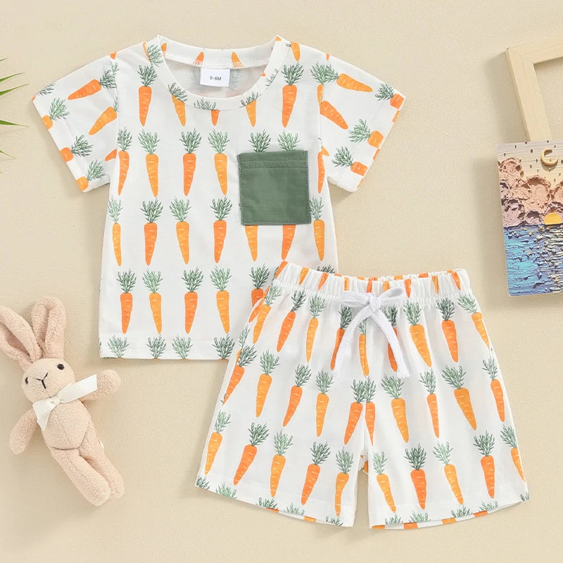 Baby Toddler Boy Girl 2Pcs Easter Outfit Short Sleeve Top with Shorts Carrot Print Clothes Set