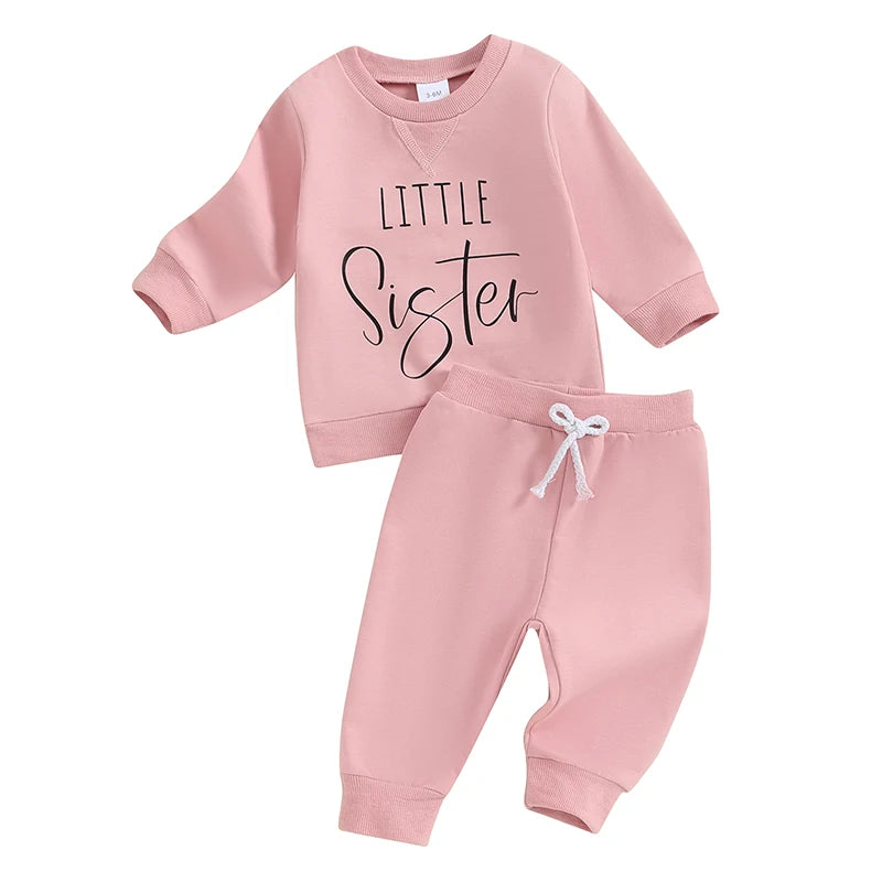 Baby Toddler Girls 2Pcs Little Sister Outfits Solid Color Long Sleeve Top Jogger Pants Set