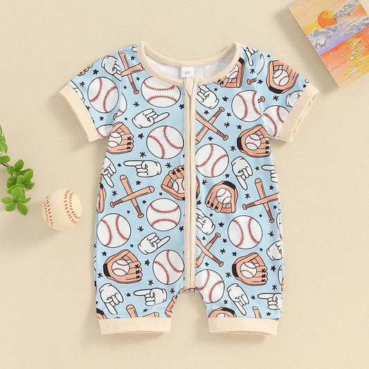 Baby Boys Girls Short Sleeve Baseball Glove Bat Print Zip Up Rompers Jumpsuits