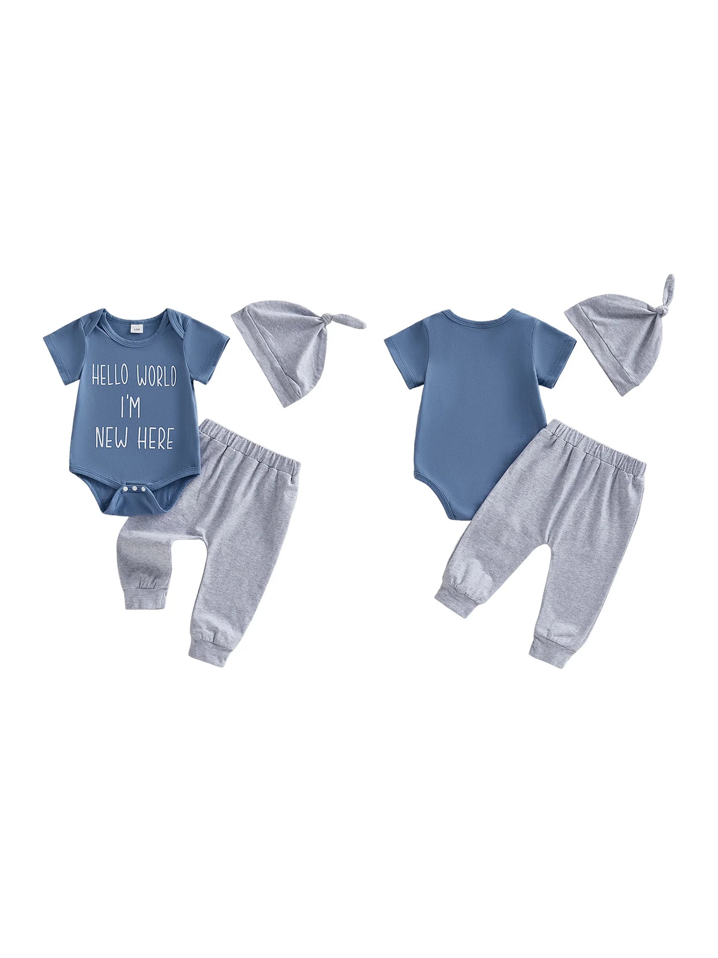 Baby Boy 3Pcs Hello World I'm New Here Summer Outfit Letter Print Crew Neck Short Sleeve Romper Pants and Hat Set