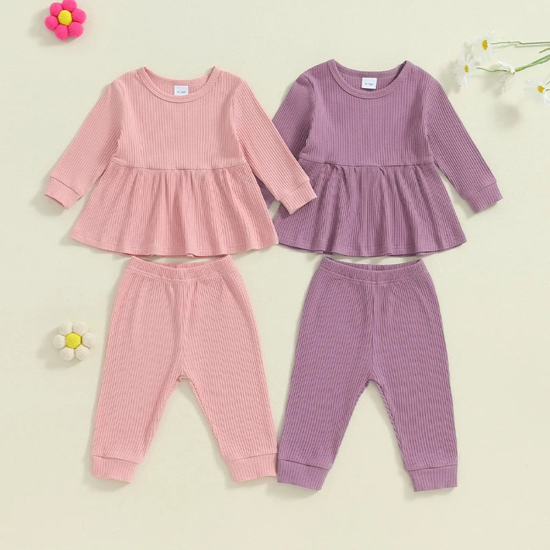 Toddler Kids Girls 2Pcs Fall Outfit Solid Color Ribbed Long Sleeve Babygirl Shirt and Elastic Pants Set