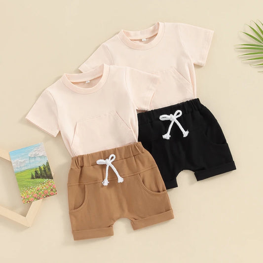 Baby Toddler Boy Girl 2Pcs Solid Clothes Set Short Sleeve Top with Pocket Shorts Outfit