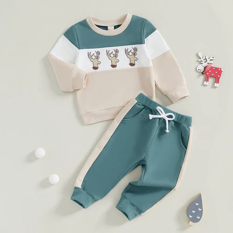 Baby Toddler Boy 2Pcs Christmas Winter Jogger Set Reindeer Whale Deer Duck Embroidery Long Sleeve Crewneck Pocket Long Pants Contrast Outfit