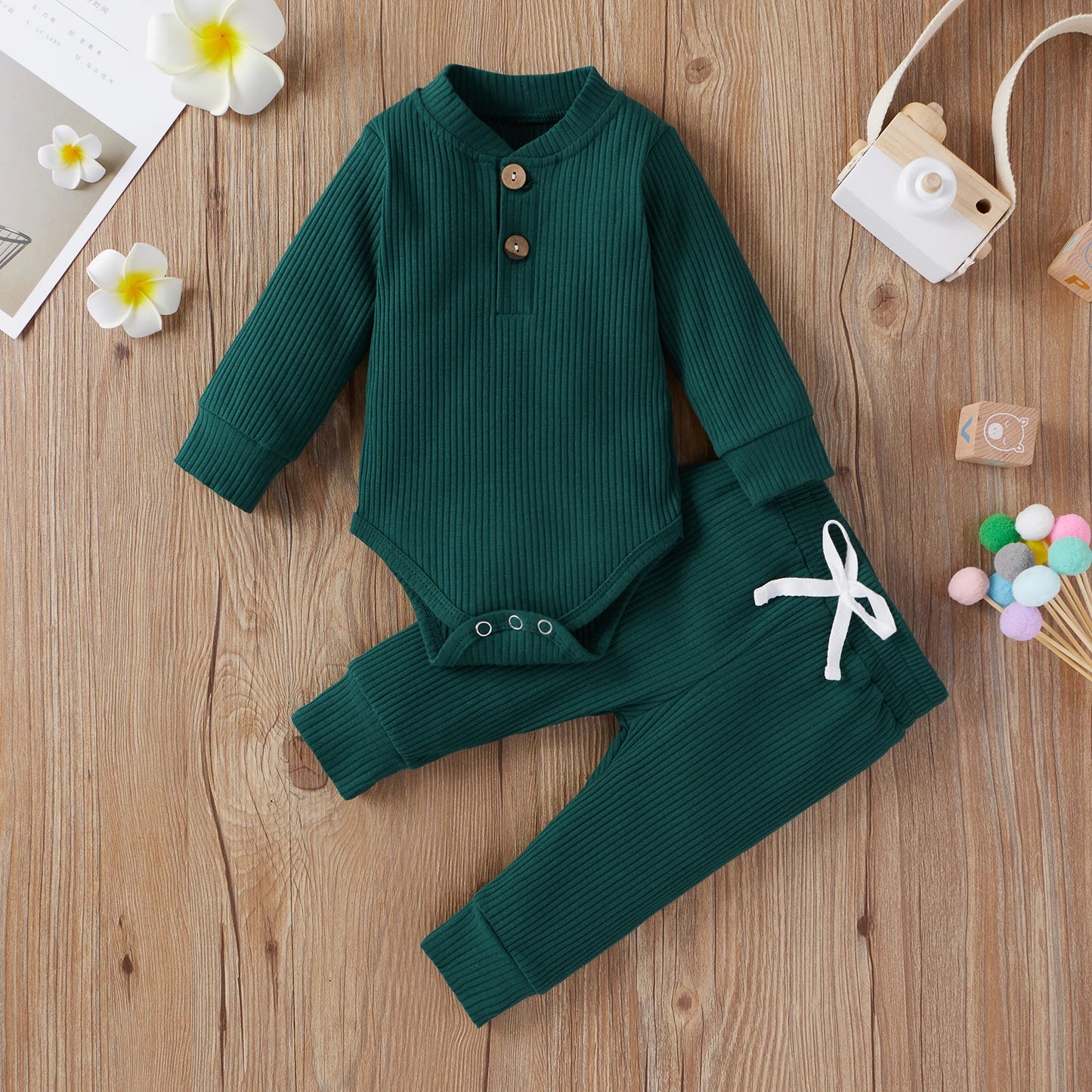 Baby Toddler Girl Boy 2Pcs Autumn Ribbed Clothes Sets Long Sleeve Bodysuits + Elastic Pants 2PCs Outfit