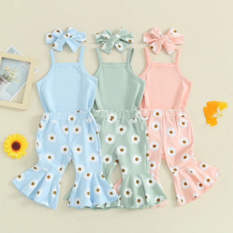 Baby Girls 3Pcs Summer Outfit, Sleeveless Tank Top Romper with Daisy Flower Print Flare Long Pants and Headband