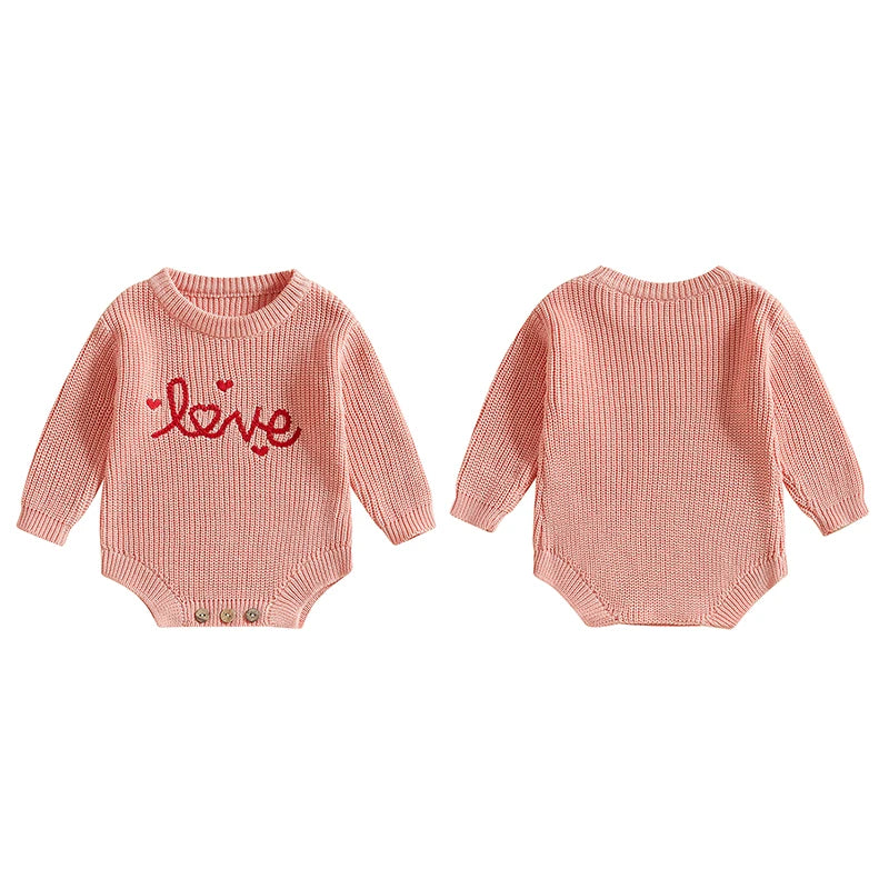 Baby Girl Boy Love Valentine’s Day Romper Long Sleeve O-Neck Letter Embroidery Knit Jumpsuit Sweater Bodysuit