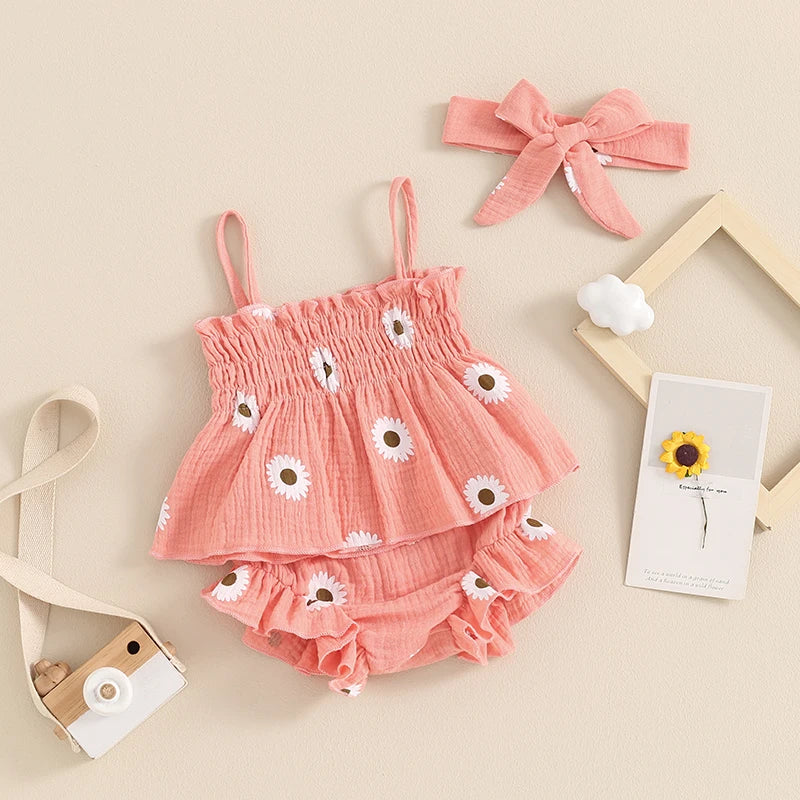 Baby Girls 3Pcs Shorts Set Spaghetti Straps Pleated Flower Print Camisole Top with Shorts Hairband Summer Outfit